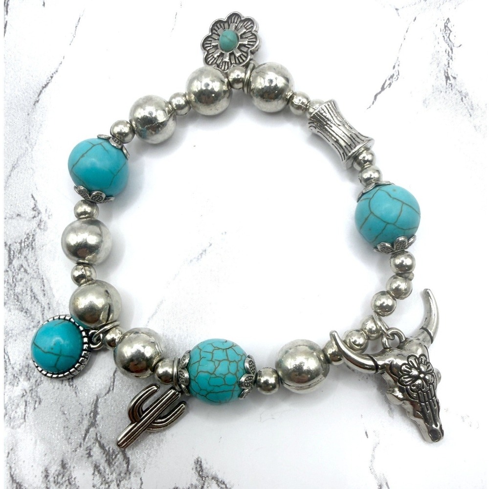 Southwestern Turquoise Look Charm Stretch Bracelet Silver Tone Cactus Steer 7"